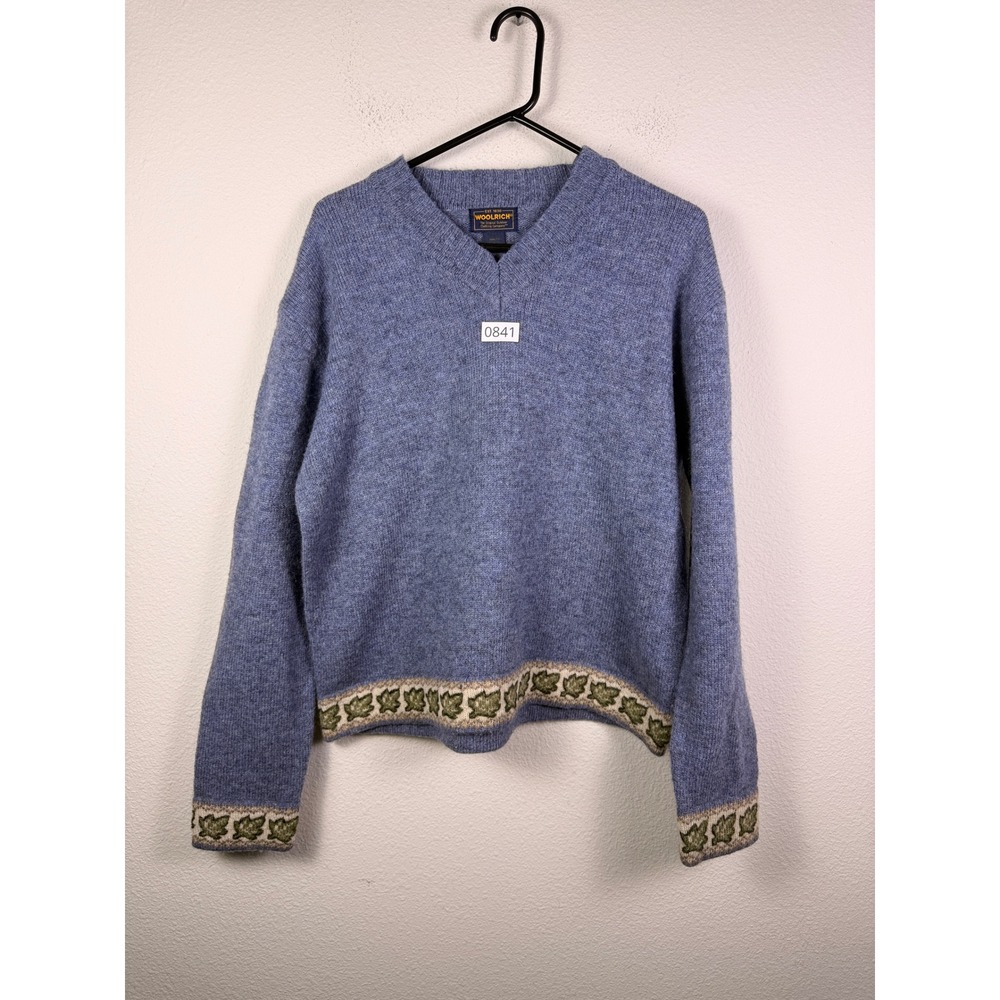 Woolrich Vintage Blue V-Neck Sweater Leaf Trim Knit Pullover Womens Large